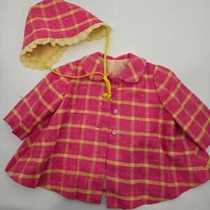 Vintage 60s Pink Yellow Plaid Window Pane Matching Bonnet Cape Swing Coat